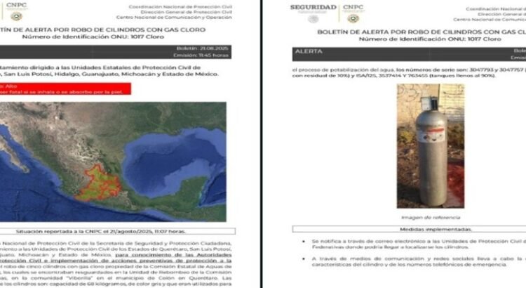 Hay una alerta en 6 estados por el robo de cilindros tóxicos en Querétaro
